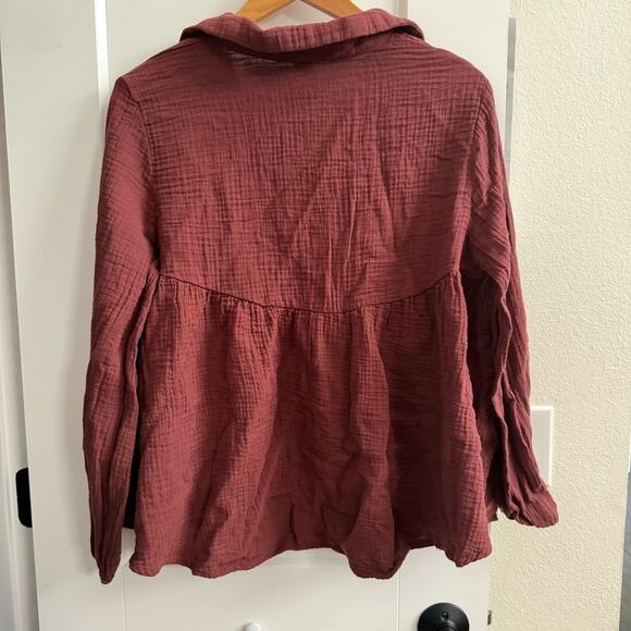 SHEIN Cotton Gauze Peasant Blouse L – Textured Boho Top, Rust Brown, Long Sleeve - Picture 6 of 8